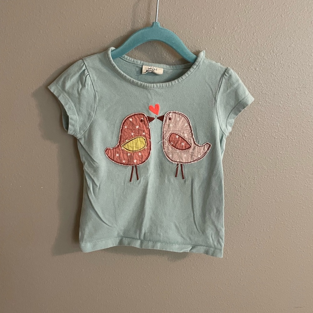 Mini Boden Light Blue Tee with Pink and Coral Bird Appliqué